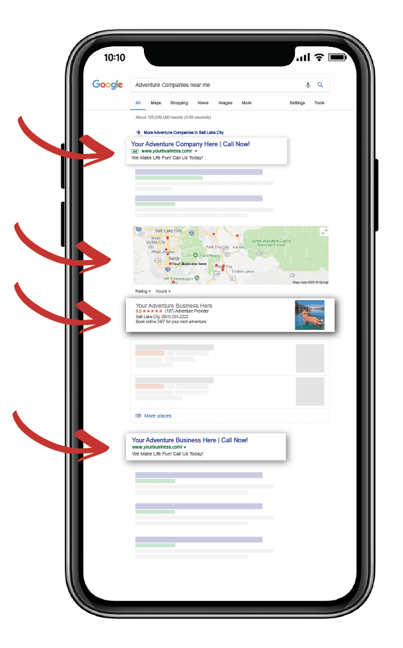 Smartphone screen showing Google search results for 'Adventure Companies near me' with red arrows pointing to ad listings, ma